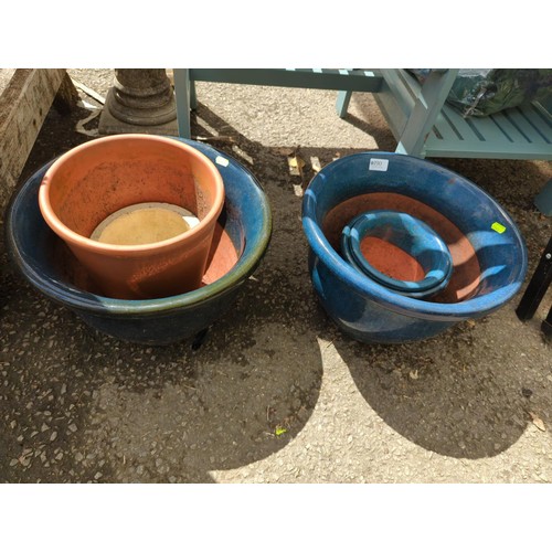 190 - 5 glazed terra cotta pots plus another , largest diam 38 x ht 25 cms