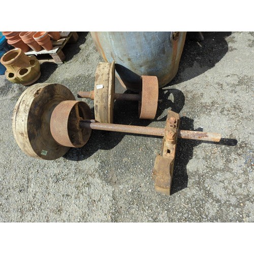 195 - 2 possibly belt driven mill wheels, largest axle length 135 & wooden wheel diam 51 cms