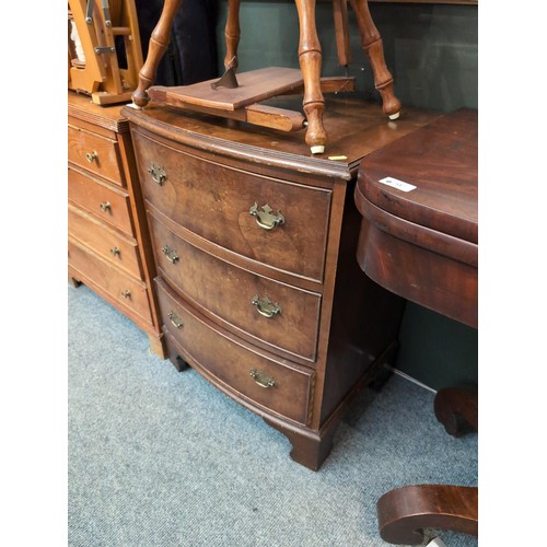 796 - Small 3-drawer chest of drawers. Bow-fronted. W54cm, D41cm, H74cm.