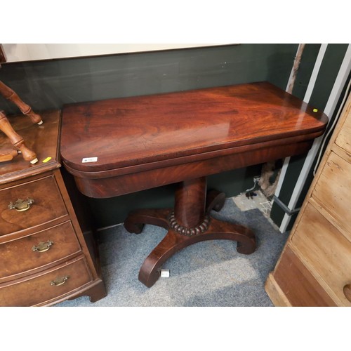 797 - Mahogany, pedestal, folding card table. Folded dimensions. L91cm, D46cm, H68cm.