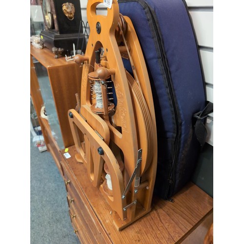 798 - Ashford folding spinning wheel with case and carding brushes.