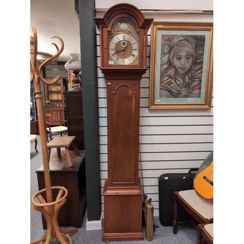 819 - Grandfather clock with brass face and Roman numerals. Plaque engraved 'R.K. Bourne, Lamerton'. W40cm... 