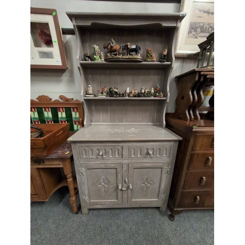 846 - Grey painted dresser with 2 drawers over 2 cupboard doors. W92cm, D43cm, full height 177cm approx.