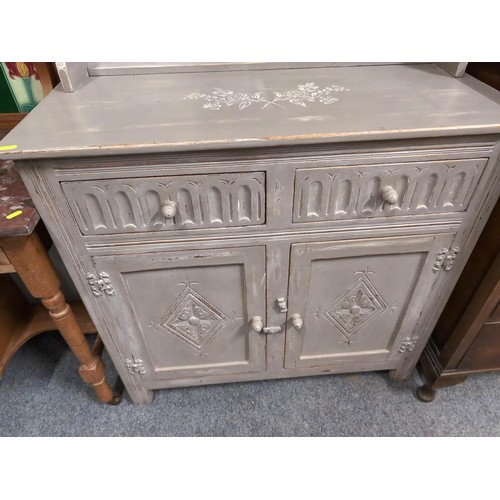 846 - Grey painted dresser with 2 drawers over 2 cupboard doors. W92cm, D43cm, full height 177cm approx.