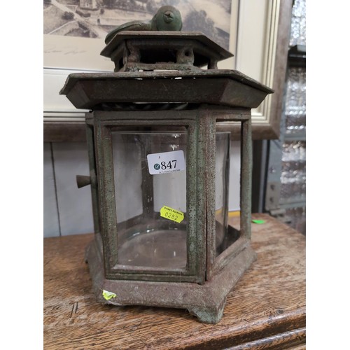 847 - Heavy metal lantern. H32cm.