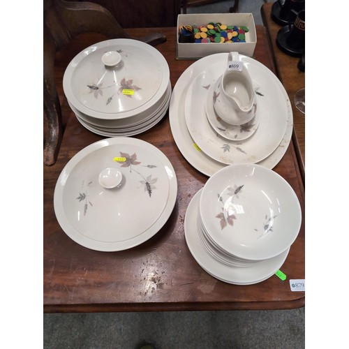 869 - Royal Doulton 'Tumbling Leaves' dinner set for 6 including two meat plates, two tureens and gravy bo... 