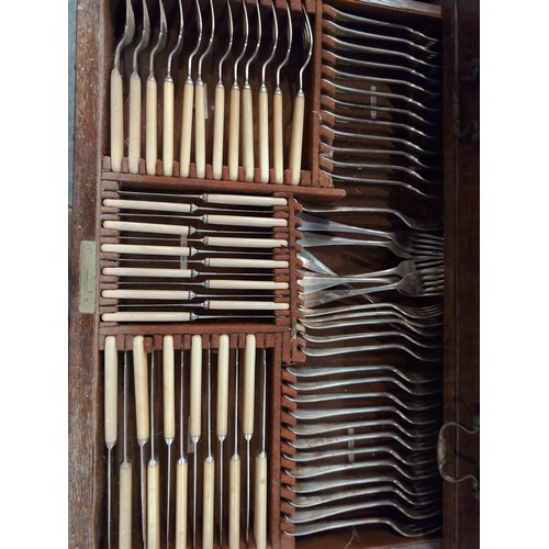 918 - Four drawer canteen of Prestons A1 silver plated cutlery, on cabriole legs W65 x D47 x H87cm, bottom... 