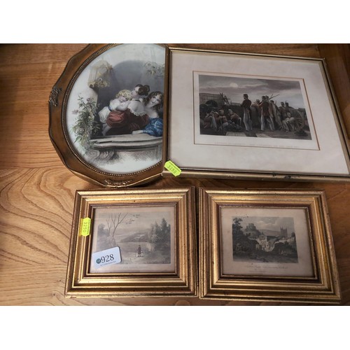 928 - Three antiquarian prints and an oval framed print