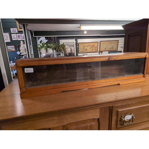 931 - Long glass fronted pine display case, width 77.5cm, depth 13cm, height 18.5cm