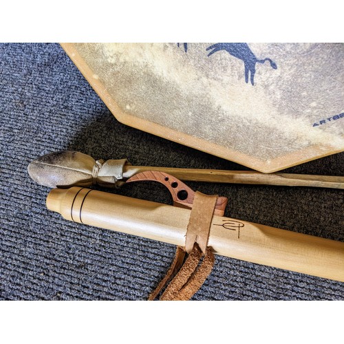 917A - Native American flute (signed) together with a skin war drum with beater, dia. 43cm