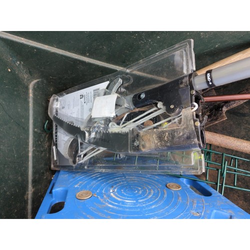 123A - Green plastic barrow with contents inc new loppers,long handled tools, blue trolley, shooting stick ... 