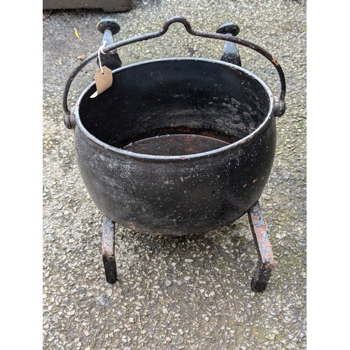 70 - Large, cast iron cooking pot/cauldron + 2 fire dogs. 