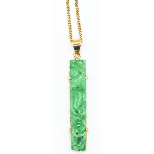 1 - Carved jade pendant claw mounted onto 9ct gold with a 9ct gold chain, pendant length 35mm, chain len... 