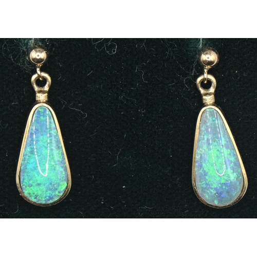 10 - Pair of 9ct gold pear-shaped opal earrings, length 22mm, gross weight 2.76 grams