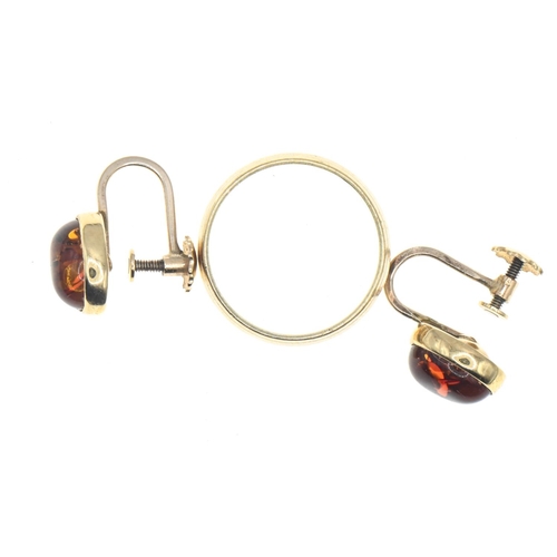 22 - 9ct gold band ring, together with a pair of 9ct gold and amber screw-back earrings, ring size K1/2, ... 