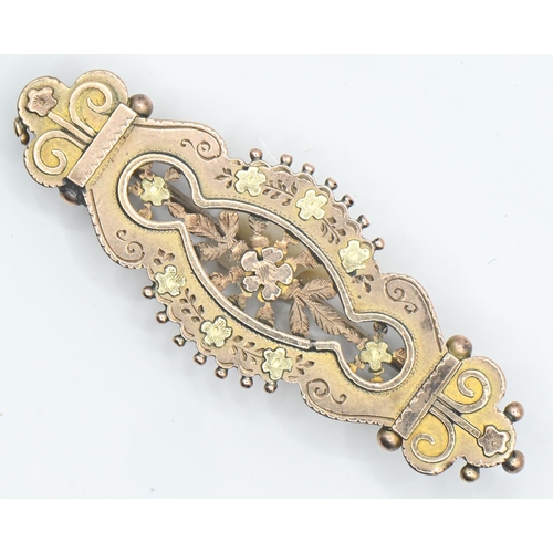 28 - Late Victorian 9ct bi-colour gold floral decorated brooch, hallmarked Birmingham 1894, length 45mm, ... 