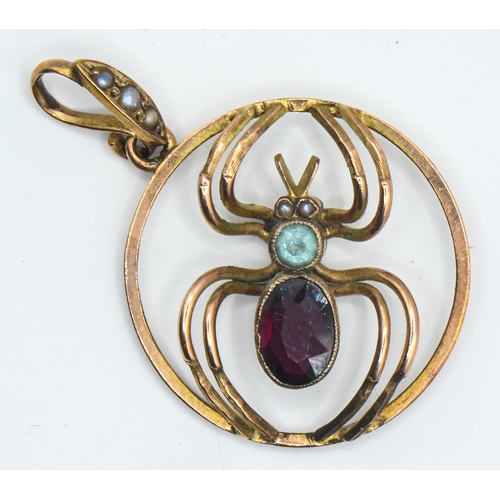 30 - 9ct gold gem set spider pendant, length including bale 33mm, gross weight 2.65 grams