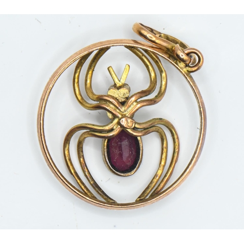 30 - 9ct gold gem set spider pendant, length including bale 33mm, gross weight 2.65 grams