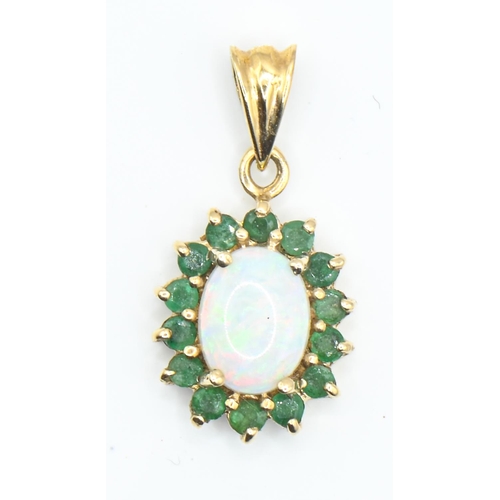 32 - 9ct gold, opal and emerald cluster pendant, length including bale 21mm, gross weight 1.15 grams