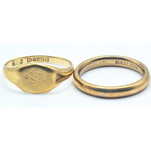 37 - Two 9ct gold rings, comprising: a band ring, size N; and a signet ring, inscribed 'Letitia' to under... 