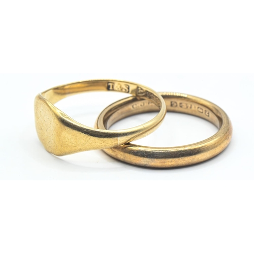 37 - Two 9ct gold rings, comprising: a band ring, size N; and a signet ring, inscribed 'Letitia' to under... 