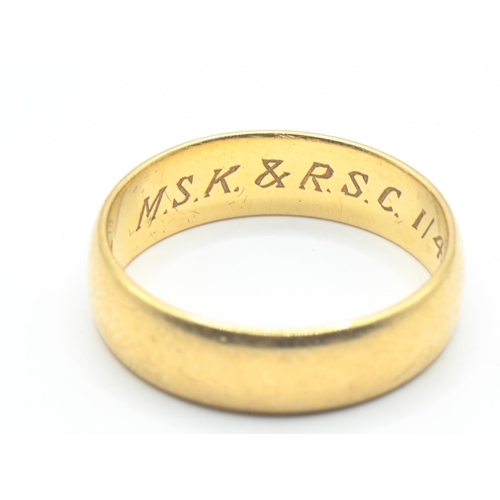 41 - 18ct gold band ring, personal dated inscription to inside of band, size K1/2, 3.82 grams