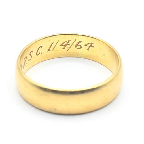 41 - 18ct gold band ring, personal dated inscription to inside of band, size K1/2, 3.82 grams