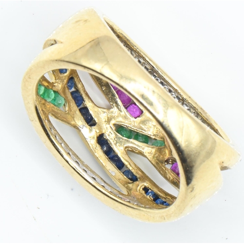 45 - 9ct gold and multi gem open work dress ring, set with diamonds, emeralds, rubies and sapphires, size... 