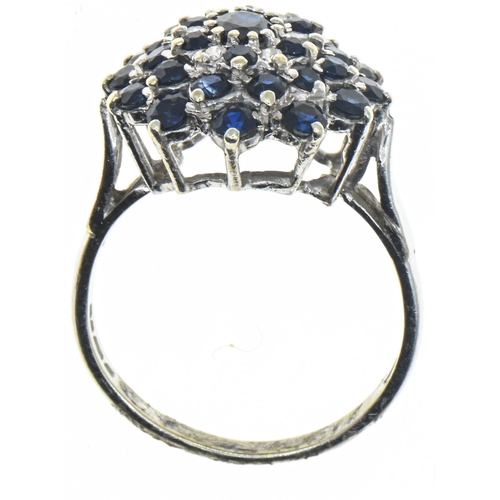 50 - 9ct white gold, diamond and blue stone cluster ring, size S, gross weight 5.60 grams