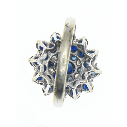 50 - 9ct white gold, diamond and blue stone cluster ring, size S, gross weight 5.60 grams