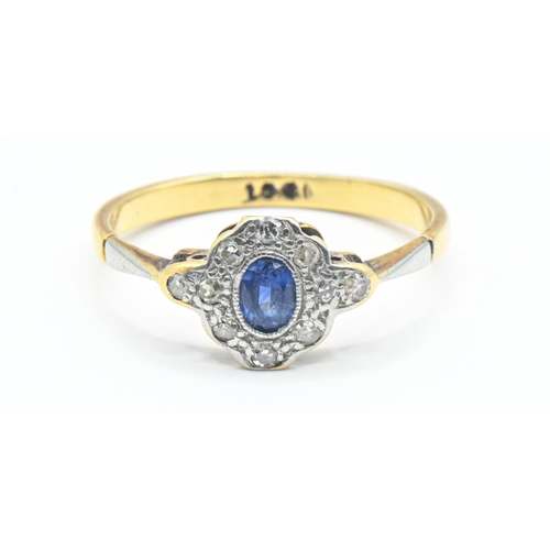 51 - 18ct gold, sapphire and diamond cluster ring, stamped 18ct, size M, gross weight 2.22 grams