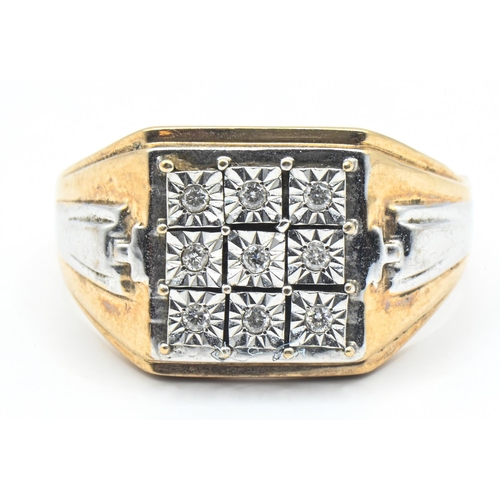 56 - 9ct bi-colour gold and diamond dress ring, the square-shaped top set with nine small diamonds, size ... 