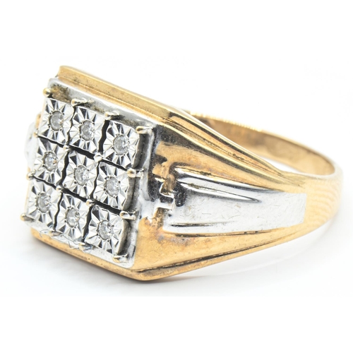 56 - 9ct bi-colour gold and diamond dress ring, the square-shaped top set with nine small diamonds, size ... 