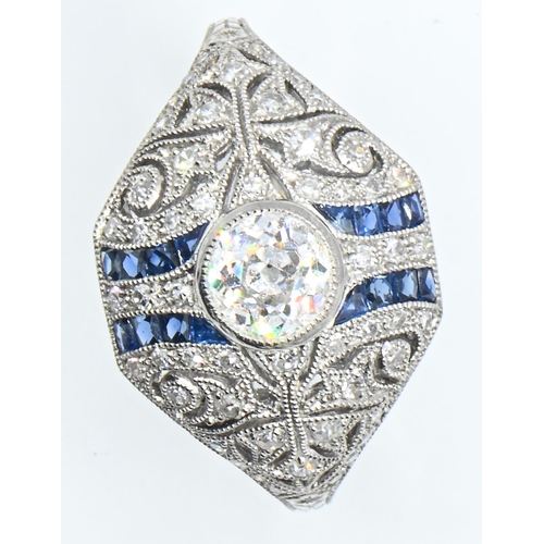 Art Deco style platinum, diamond and sapphire ring, the centre diamond stated to weigh 0.51 carat, size M1/2, gross weight 5.37 grams