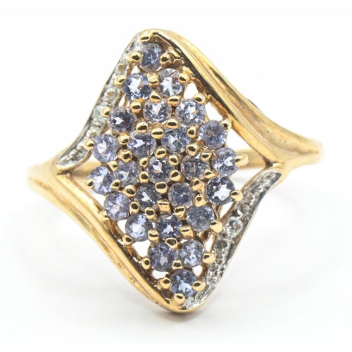 58 - 9ct gold, tanzanite and diamond ring, of lozenge shape, size R, gross weight 3.13 grams