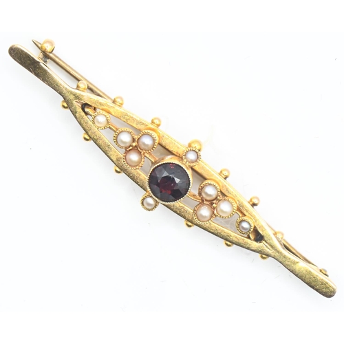 59 - 15ct gold, garnet and seed pearl brooch, partial hallmark, length 51mm, with base metal pin, gross w... 