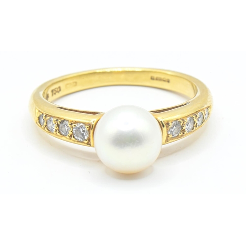 63 - Mikimoto 18ct gold, Akoya pearl and diamond ring, the cultured pearl measuring approximately 7.6mm d... 