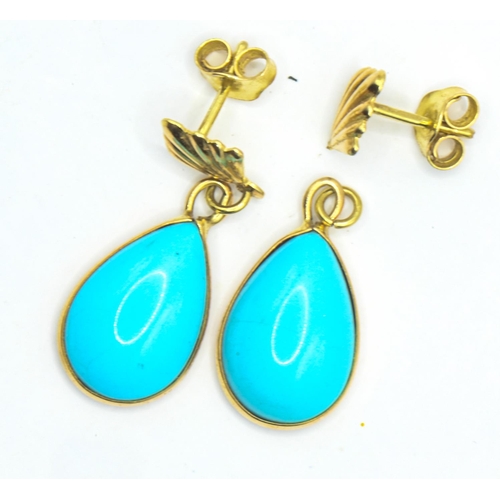 74 - Pair of scrap gold and turquoise pendant earrings, hallmarked to stalks but undecipherable, gross we... 