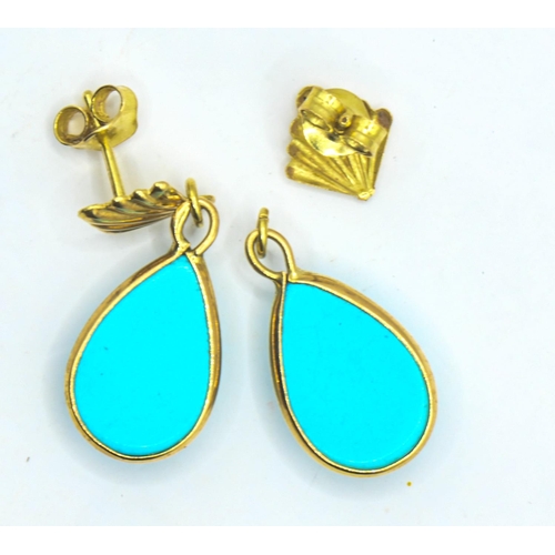 74 - Pair of scrap gold and turquoise pendant earrings, hallmarked to stalks but undecipherable, gross we... 