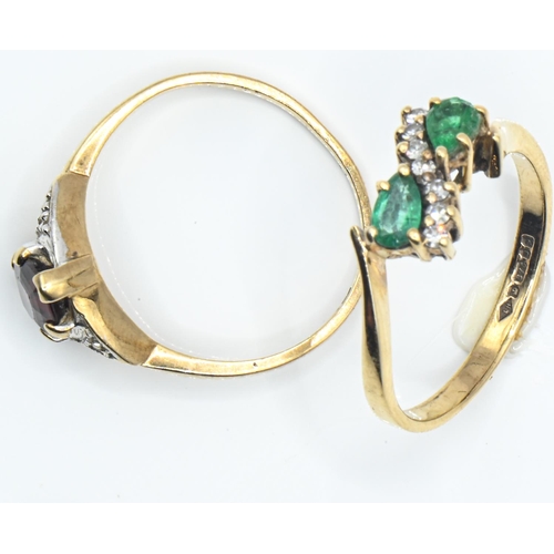 91 - Two 9ct gold gem-set rings, comprising: a garnet and diamond ring, size N1/2; and a green stone and ... 