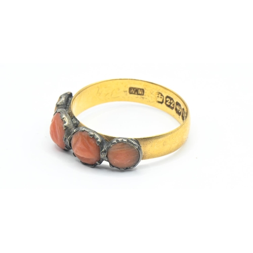 94 - Late Victorian 22ct gold and coral ring, hallmarked Birmingham 1895, size O1/2, gross weight 3.29 gr... 