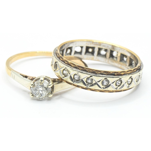 96 - Two rings, including: a yellow metal and diamond solitaire ring, metal tested as 9ct gold, size L1/2... 