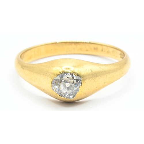 104 - 18ct gold and solitaire gypsy-set diamond ring, stamped 18ct, size W, gross weight 6.07 grams