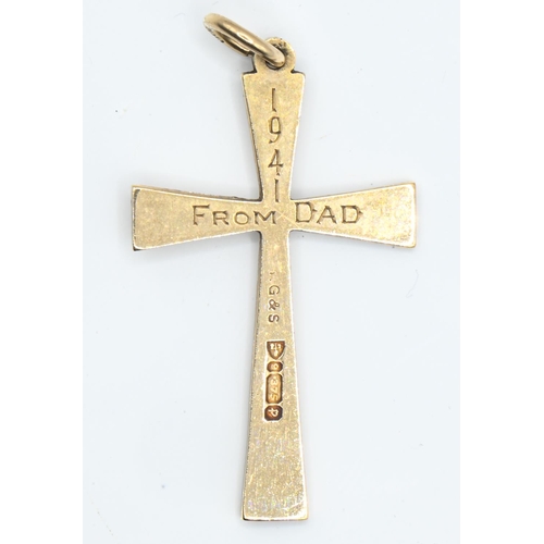 109 - 9ct gold cross pendant, engraved each side with a personal inscription, length including bale 38mm, ... 