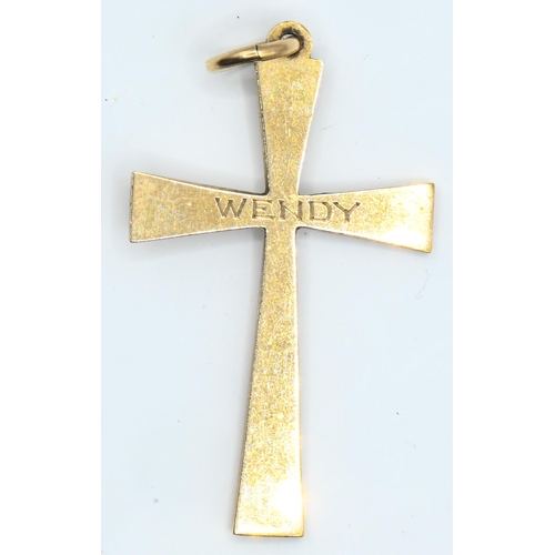 109 - 9ct gold cross pendant, engraved each side with a personal inscription, length including bale 38mm, ... 