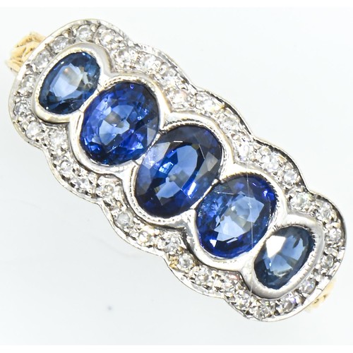 107 - 18ct gold, five stone sapphire and diamond ring, size S, gross weight 4.67 grams