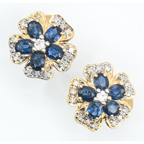 6 - 14ct gold, sapphire and diamond flowerhead earrings, diameter 13mm, gross weight 4.05 grams