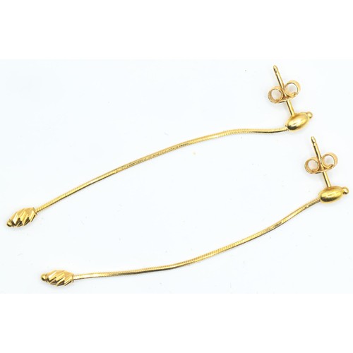 9 - Pair of 18ct gold drop earrings, designed as a chain suspending a textured bead, length 62mm, gross ... 