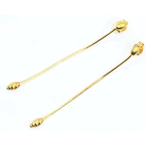 9 - Pair of 18ct gold drop earrings, designed as a chain suspending a textured bead, length 62mm, gross ... 