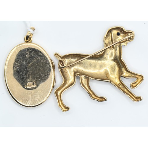 112 - 9ct gold dog brooch, with a gem-set eye, length 40mm, together with a 9ct gold locket, length includ... 